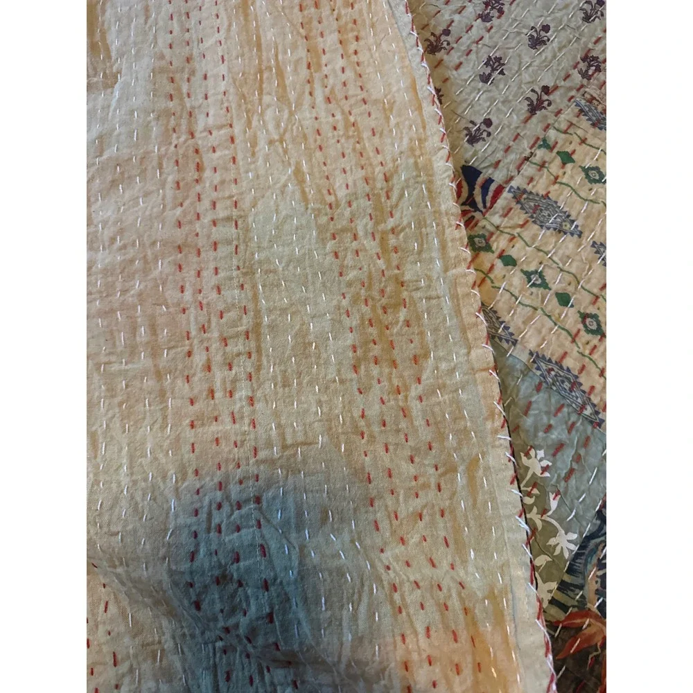 Handmade Kantha Quilt Patchwork Cotton Bedspread Multi Color Hand Stitched